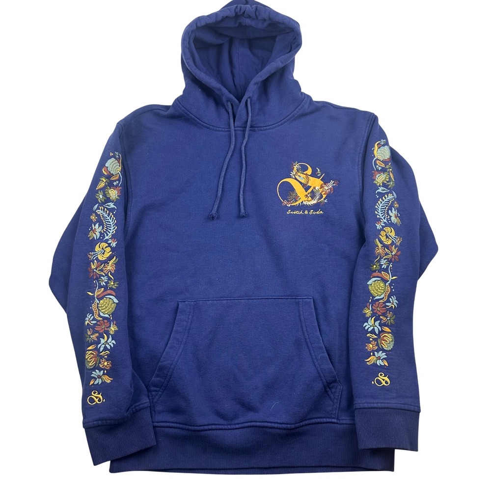 Scotch & Soda Hoodie Mens Small Blue Floral Embroidered Graphic Pullover Outdoor